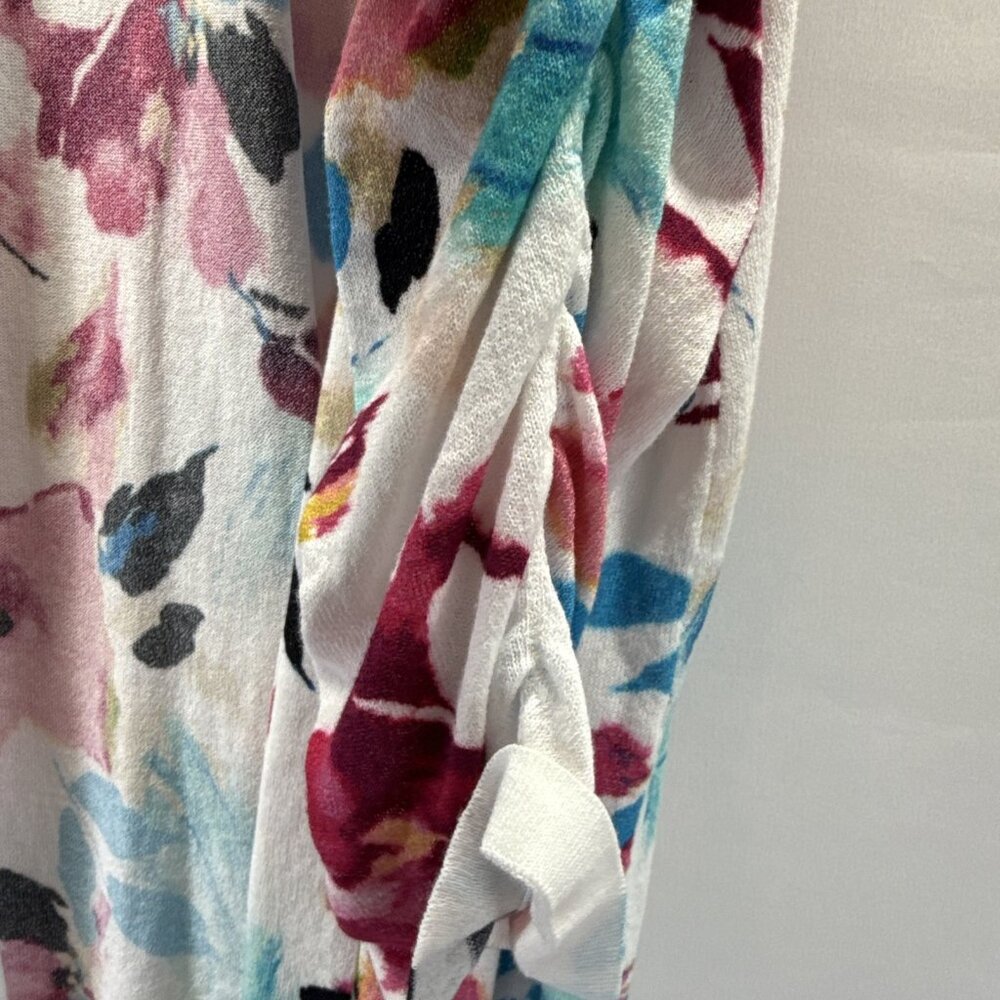 Chicos Women's‎ Cardigan Open Size XL Colorful Floral Ruched Sleeves Knit Light - Picture 5 of 8